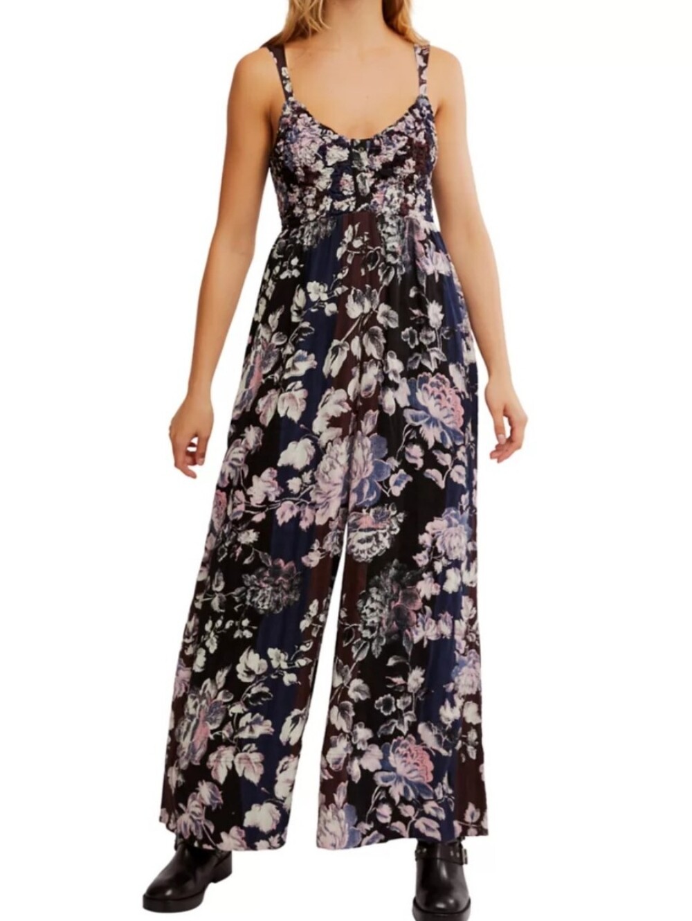Free People Melrose Smocked Wide Leg Jumpsuit - Midnight Garden